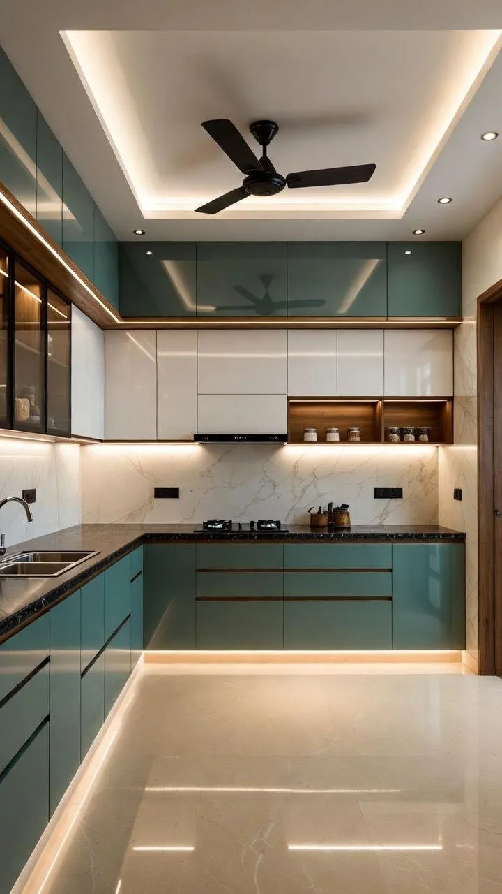 Cream Modular Kitchen with Wood Grain Finish - RR Design World Bhubaneswar