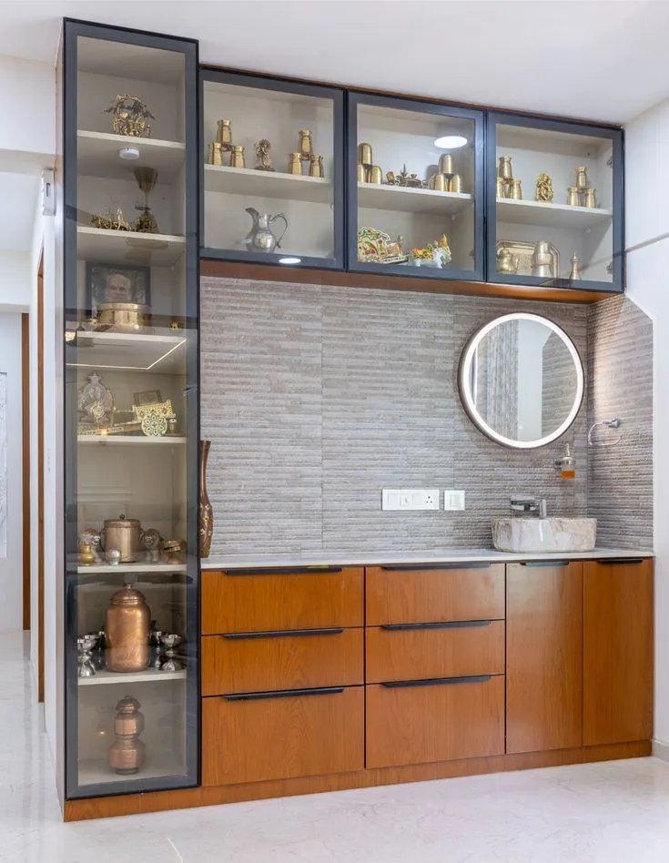 White Crockery Cabinet with LED Lighting and Godrej Lock - RR Design World Bhubaneswar
