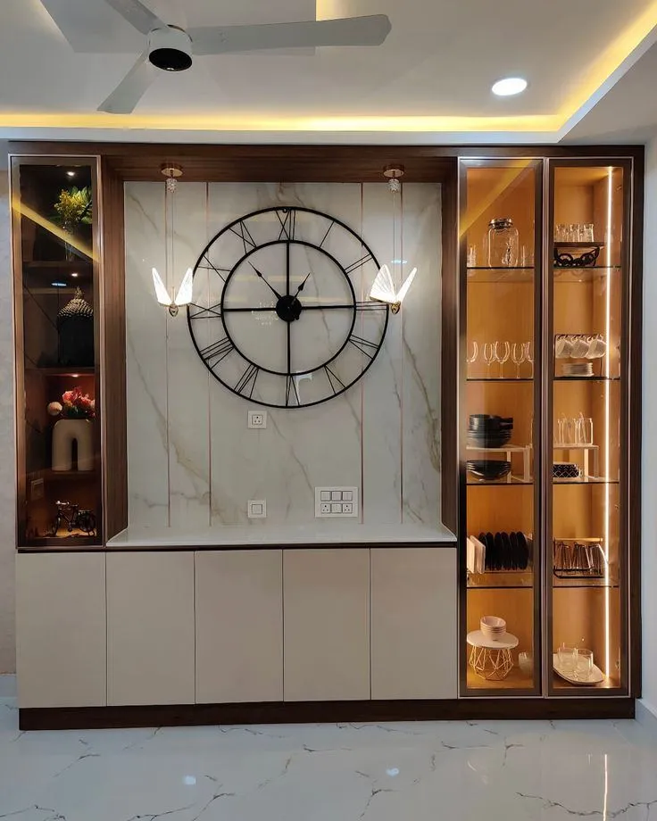 Crockery Display Unit with Decorative Plates and Blue Tile Backsplash - RR Design World