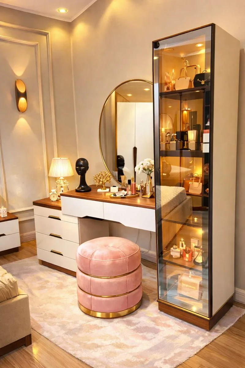 Dressing Table with Oval Mirror and Floral Wallpaper