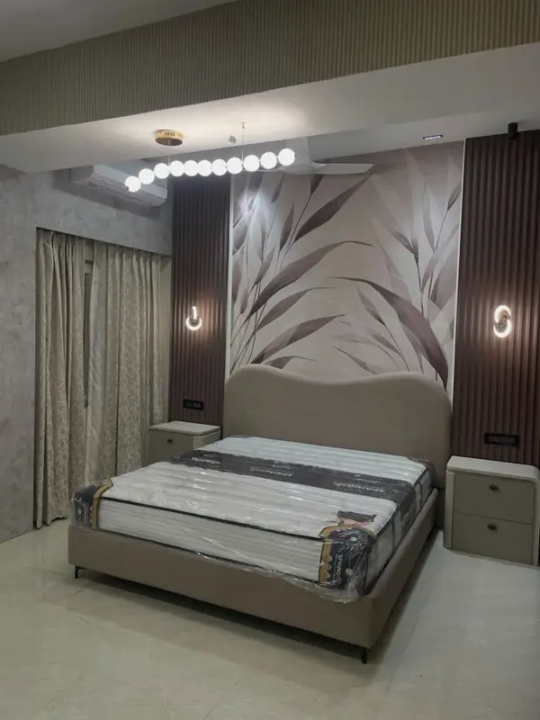 Grey Upholstered Bed with Wood Headboard