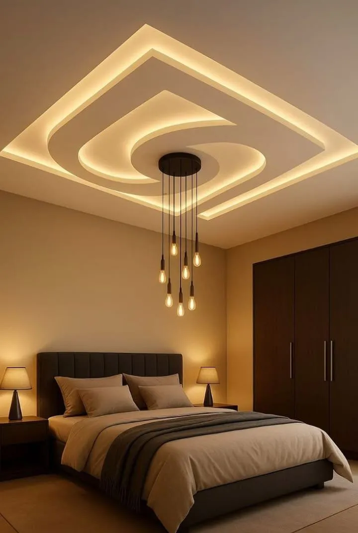 Bedroom Gypsum Ceiling with LED Strip and Fan - RR Design World