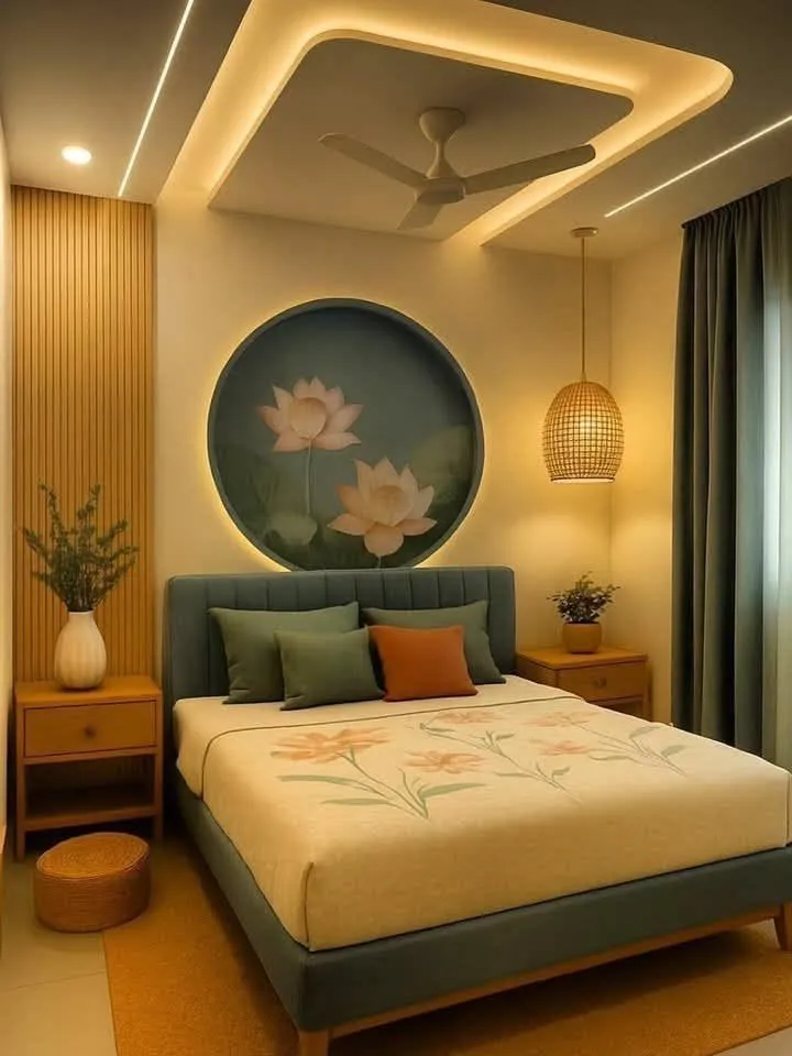 Gypsum Ceiling Bedroom with Warm LED and Curtains - RR Design World Bhubaneswar